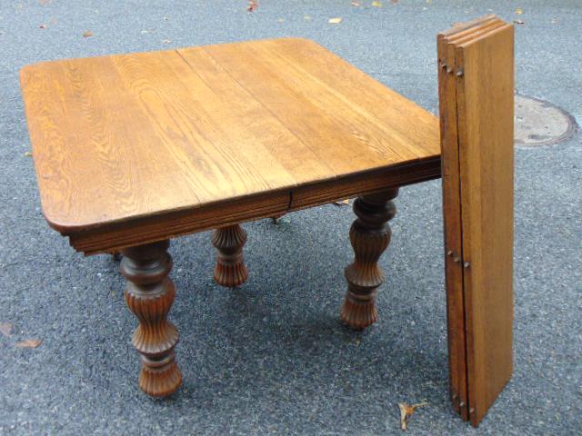 Oak dining room table with 4 leaves, square table with center leg, 42" square, each leaf is 10.25" (1 of 6)