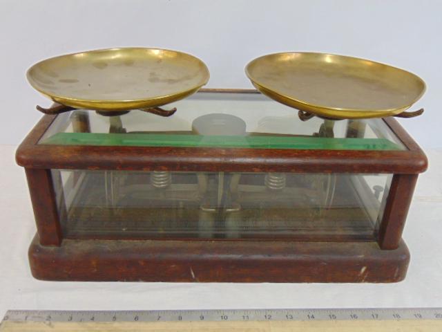 Balance scale by The Torsion Balance Cop, beveled glass & oak enclosed case, with brass pans, scale (1 of 5)