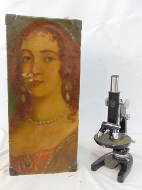 Winkel-Zeiss Gottingen microscope in case, case door has part of old oil painting attached (1 of 7)