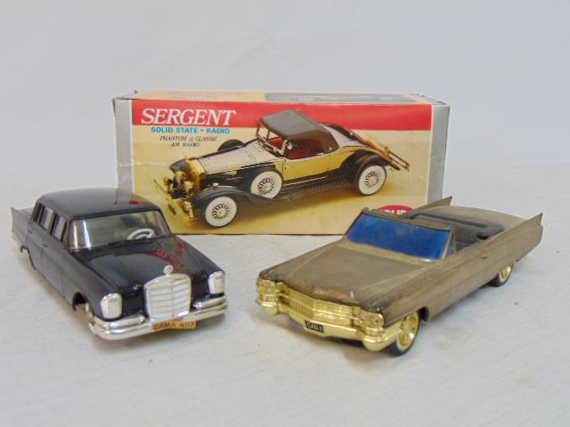 3 vintage toy cars, radios, Sergent Solid State Radio, Phantom II Classic AM Radio in original box, (1 of 6)