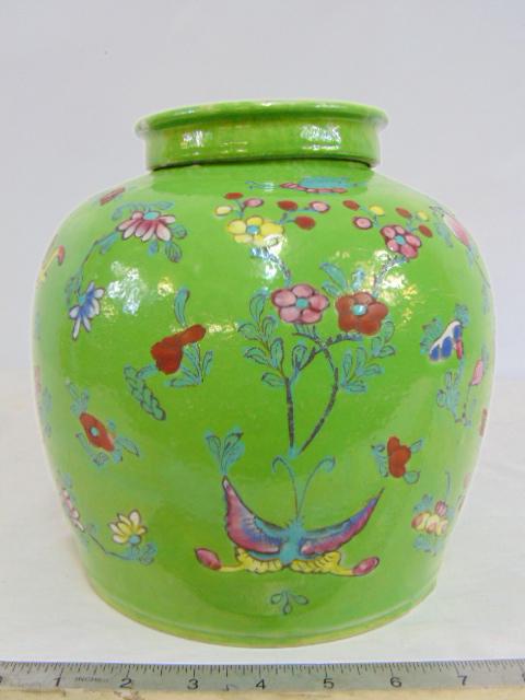 Chinese ginger jar in green with various fruit & butterfly decorations, with lid, 8.75" in diameter, (1 of 7)