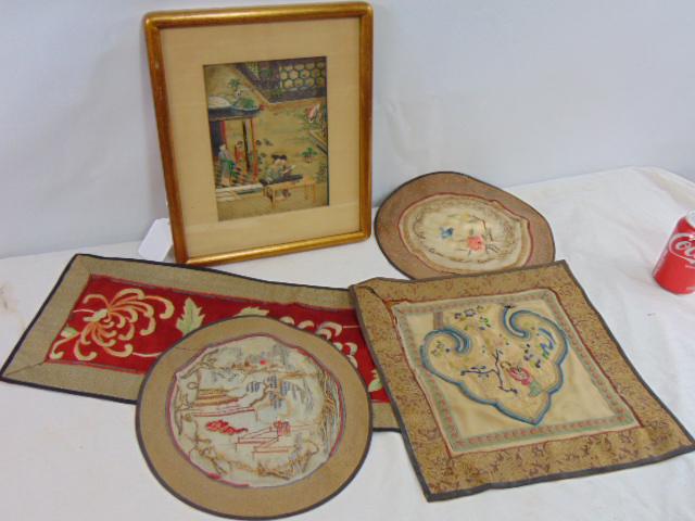 Asian silk lot, small picture with temple scene & applied figures plus small silk panels, 2 round, (1 of 8)