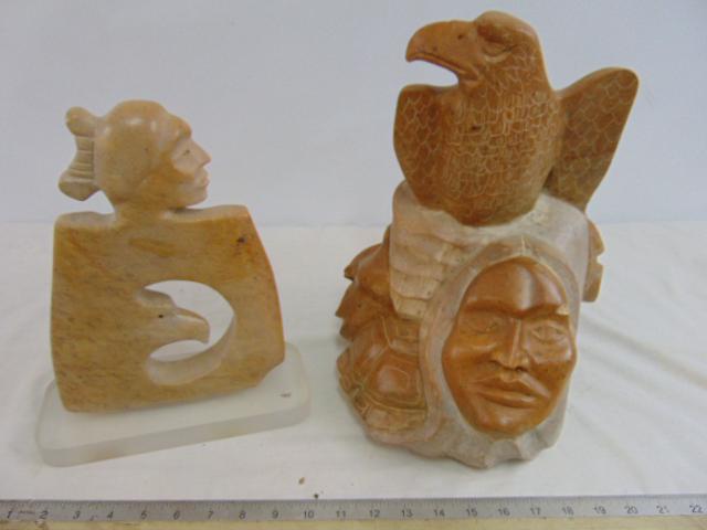 2 stone sculptures, Native Indian sculpture with Indian heads, eagle, has small chip signed Walking (1 of 7)