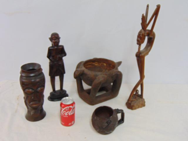 African lot, carved wood figures, bowls, animals, includes small cup with intricate carvings and (1 of 7)
