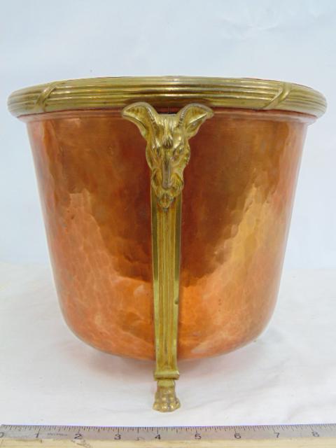 Copper & brass ice bucket, copper bucket with brass trim, support with claw foot & rams head (1 of 8)