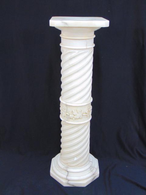 Marble spiral column pedestal in white marble with decorative leaf carved band in center, pedestal (1 of 5)