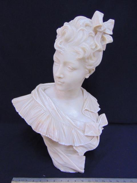 Alabaster bust, lady with bow in hair, Allouard (Henri Emile), has chip missing on base, bust is (1 of 7)