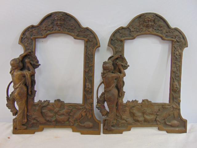 Pair bronze frames, decorated with flowers, figures, frames are 16.75" by 13", opening is 10" by 7" (1 of 6)