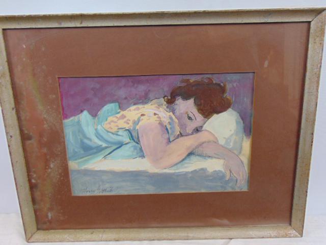 Watercolor, "The Siesta", Harry Gottlieb, painting is 8.25" by 12.5", mildew on matting (left side),: Watercolor, "The Siesta", Harry Gottlieb, painting is 8.25" by 12.5", mildew on matting (left side), needs to be reframed, painting itself is ok.