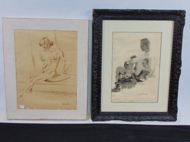 2 drawings, Arnold Wiltz & Caillard, drawing in ink, study of a nude, signed Arnold Wiltz Paris: 2 drawings, Arnold Wiltz & Caillard, drawing in ink, study of a nude, signed Arnold Wiltz Paris 1928, 15.75" by 11.75" & man in shorts (boxer ?), signed Caillard, has study on reverse, 14" by 9.5"