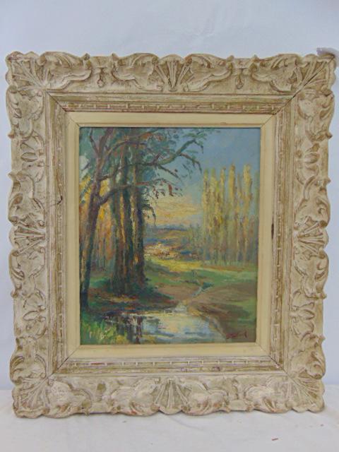 Painting, landscape with trees, signed S. Mabach (? see images", oil on board, panel, 18" by 15" (1 of 6)