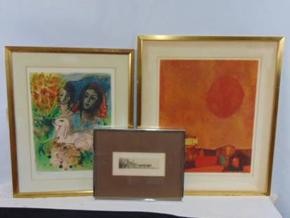 3 prints, figure holding lamb, signed Rubin (??) edition 68/200; red sun, by Mordecai Ardon: 3 prints, figure holding lamb, signed Rubin (??) edition 68/200; red sun, by Mordecai Ardon, edition 39/100 & figures at a bazaar, tent, possibly Coney Island, signed David Levine , 1/250