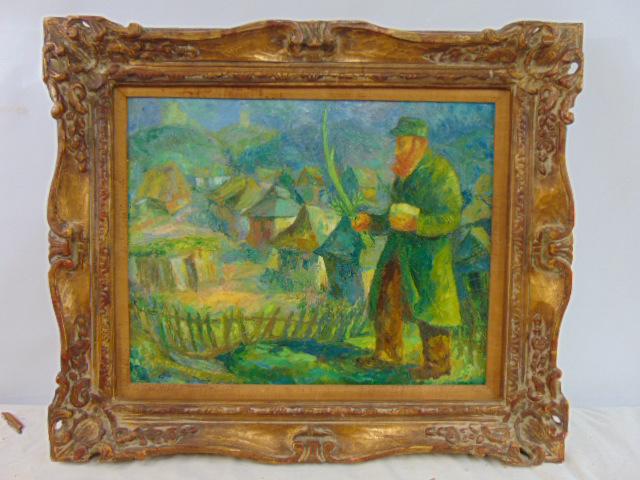 Painting, Man by village, Chaim Goldberg, oil on canvas, bearded man with stalk near village, canvas (1 of 5)