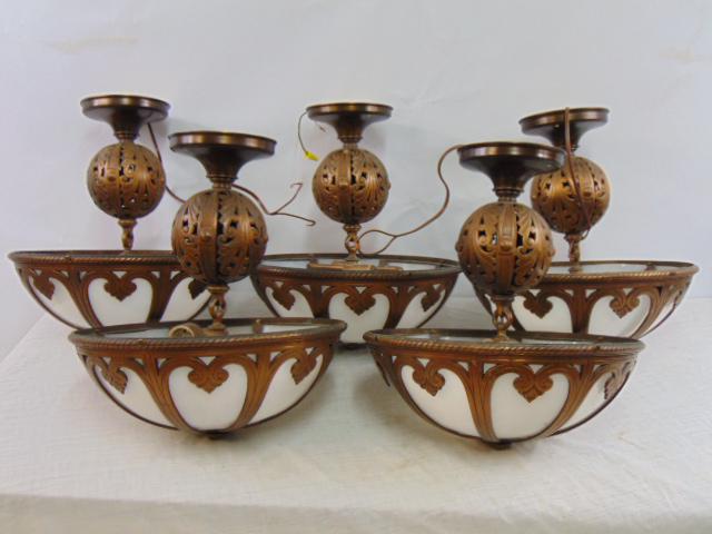 Set 5 hanging fixtures, brass with plastic panels, decorative ball shaped support, each fixture is (1 of 7)