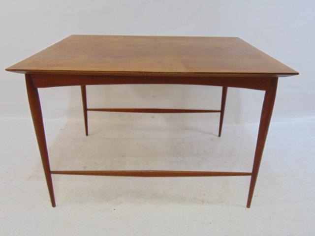 Mid Century side table, partial stretcher base, table is 32.5" by 25.5", height is 21.25", top has (1 of 4)