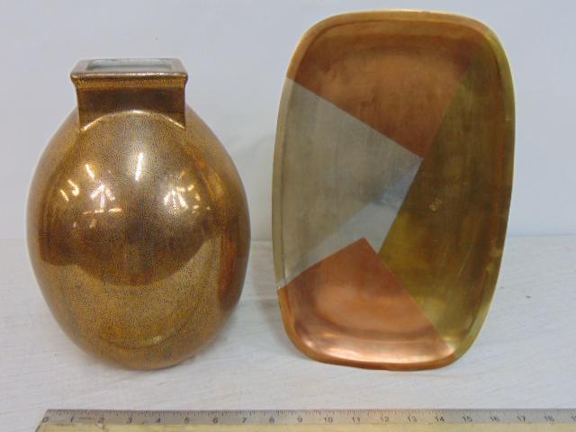 Castilian gold speckled vase & mixed metal tray, Hand Wrought, Mexican, vase is 11.5" tall, tray is (1 of 7)