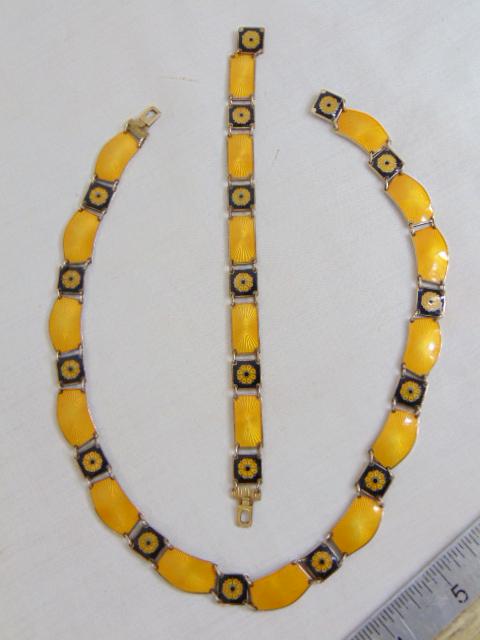 Jewelry. David Andersen sterling silver guilloche yellow enamel floral necklace & bracelet suite, (1 of 7)
