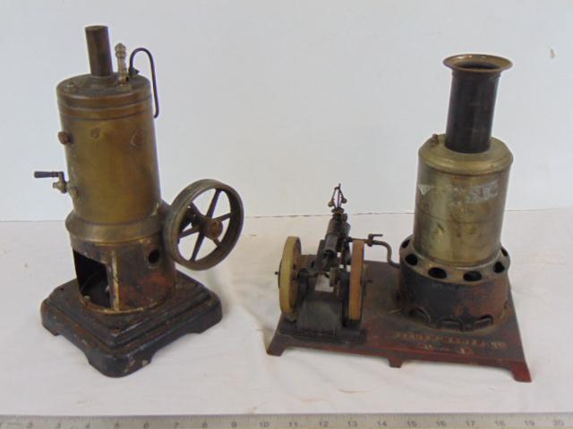 2 Steam engines, upright boilers, in brass, metal flywheels, Weeden Mfg Co, No 49, boiler & piston, (1 of 9)