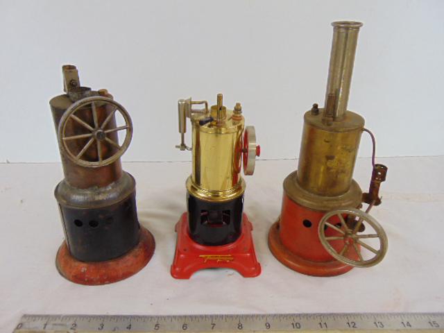 3 steam engine boilers, toys, upright boilers with piston, flywheel, Fleischmann, Weeden. (1 of 9)