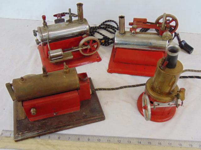 4 steam engines, boilers & piston accessories, with electric preheat hookup, Weeden & unmarked, toy (1 of 12)