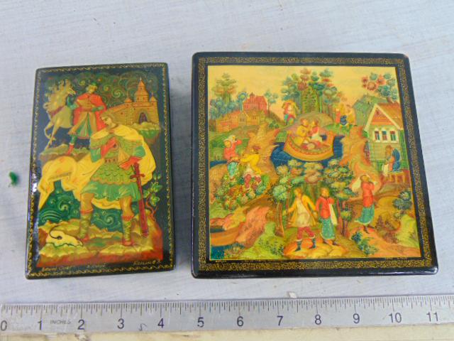 2 lacquered Russian boxes, both signed, in good condition, various figures, 5.75" by 3.5" & 6" by (1 of 6)