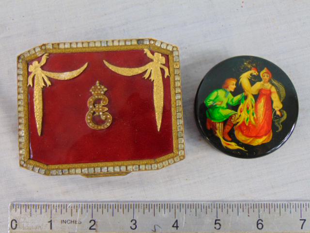 Brass enameled Russian box, "Catherine The Great", Guilloche snuff box & small round lacquered paint (1 of 8)