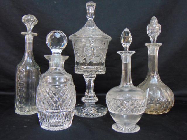 Lot crystal, decanters & footed jar with lid, 4 decanters, jar, urn with lid is 15" tall, stopper on (1 of 6)