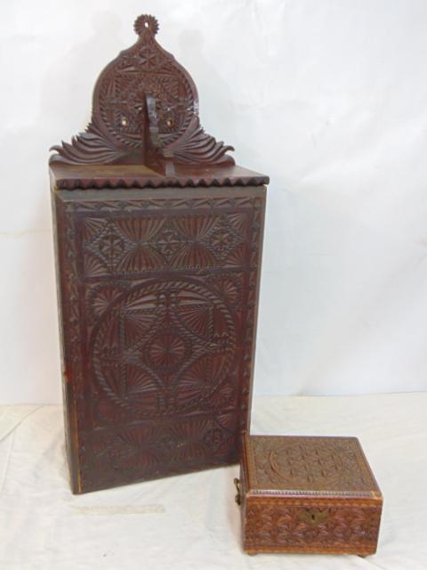 Carved wall cabinet & box, folksy chip carved single door cabinet with wood shelves, repair to back (1 of 10)