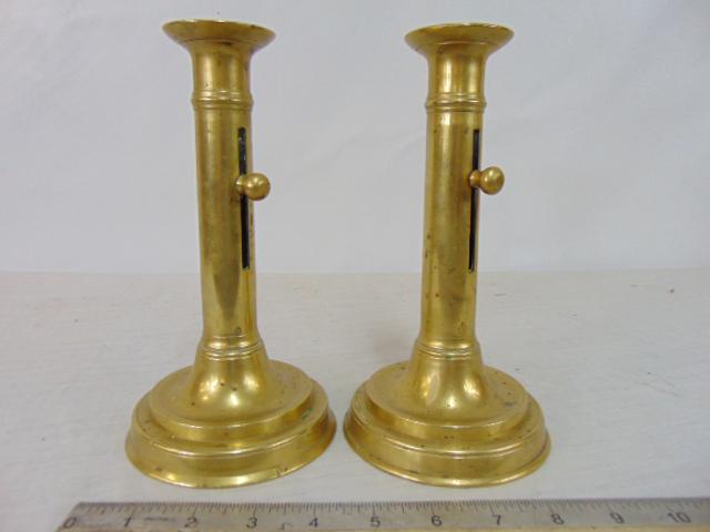 Pair 18th Century brass candlesticks, push up, mechanism is stuck, height is 8.25" (1 of 4)