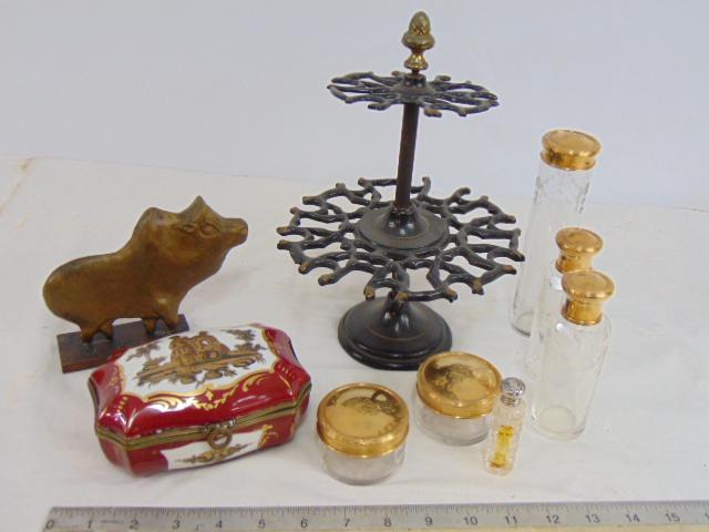 Bronze bull, stamp holder & gilt lidded bottles & small jars & porcelain box with bronze trim. (1 of 8)