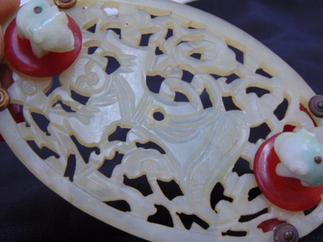 Oval carved jade plaque with small feet & applied miniature elephants, jade has carved dancing (1 of 6)