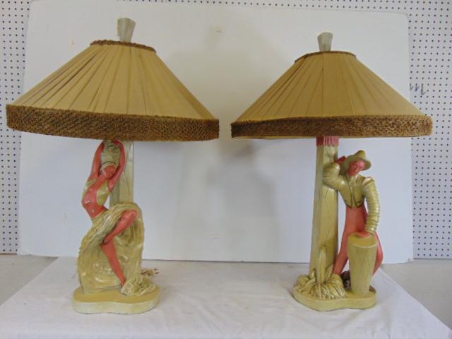 Pair 1950's plaster figural lamps with shades, dancer & drummer, painted, lamps are 33" tall (1 of 7)