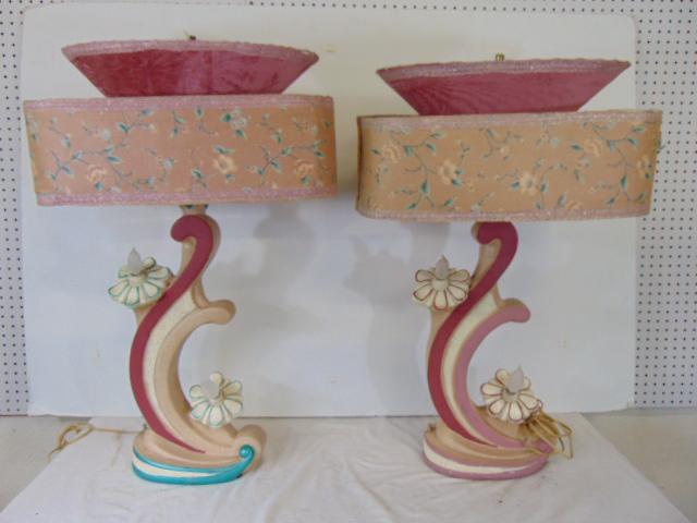 Pair 1950's floral themed plaster table lamps with large shades, each lamp is 33" tall (1 of 5)