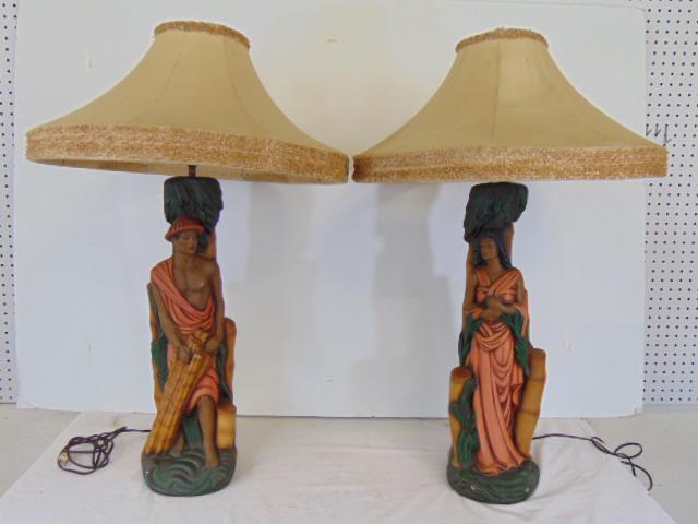 Pair plaster figural lamps with large shades, paint decorated, 1950's each lamp is 34" tall (1 of 7)