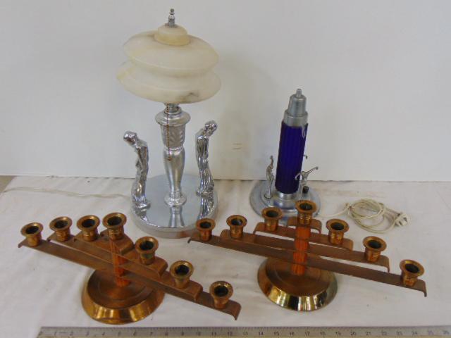 2 art deco lamps & 2 adjustable candelabra, cobalt glass center shade chrome table lamp, flanked (1 of 13)