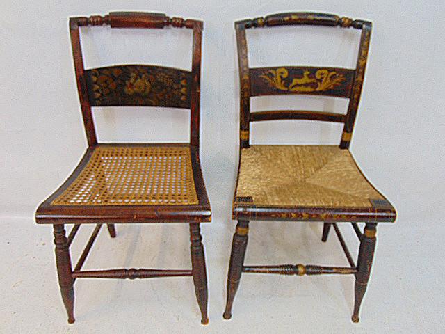 2 stenciled decorated caned & rush seat chairs, caned seat decorated with fruit, rush seat chair: 2 stenciled decorated caned & rush seat chairs, caned seat decorated with fruit, rush seat chair decorated with deer.