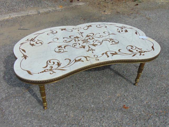 Marble top Mid Century coffee table with gilt decoration, has (old) crack in middle, brass legs, (1 of 4)