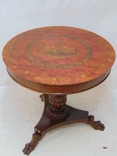 Round French hall table with paint decorated & inlaid top, table is 30" in diameter, 29.5" tall, (1 of 5)