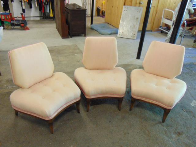 3 MCM chairs, in pink upholstery, slightly curved, each chair is 30.5" wide, 19" deep (seat), height (1 of 6)