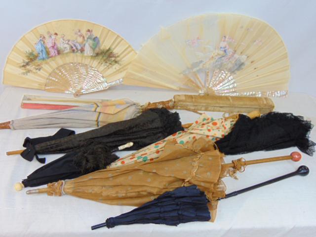 Collection of  Antique Parasols & 2 MOP fans, 7 parasols and 2 mother of pearl antique fans (1 of 20)