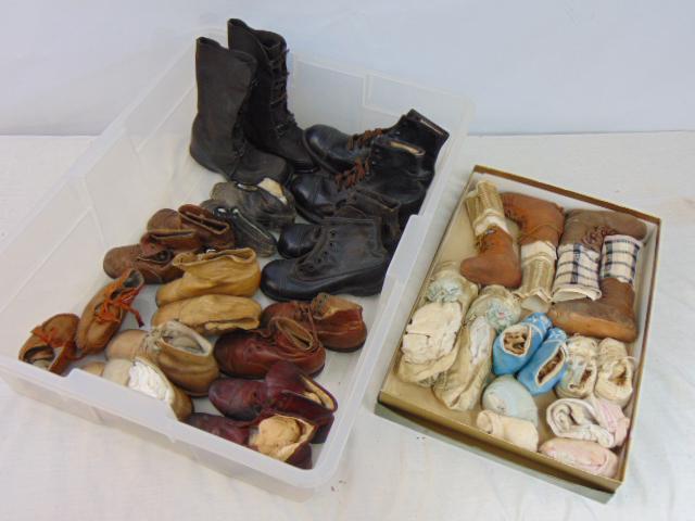 Collection of Antique children's shoes 15 pairs & 6 pairs of socks, leather & silk, all in fairly (1 of 11)