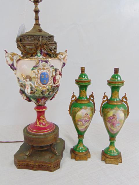 Capodimonte lamp & pair of small urn lamp bases (bases only), in green with decorative scenes, urns (1 of 5)