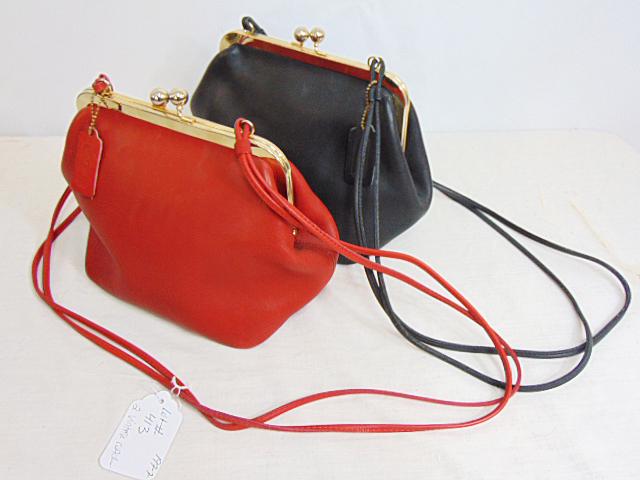 (2) Vintage Coach leather purses, 1 black leather, 1 red leather both w/ gold tone kisslock, good (1 of 8)