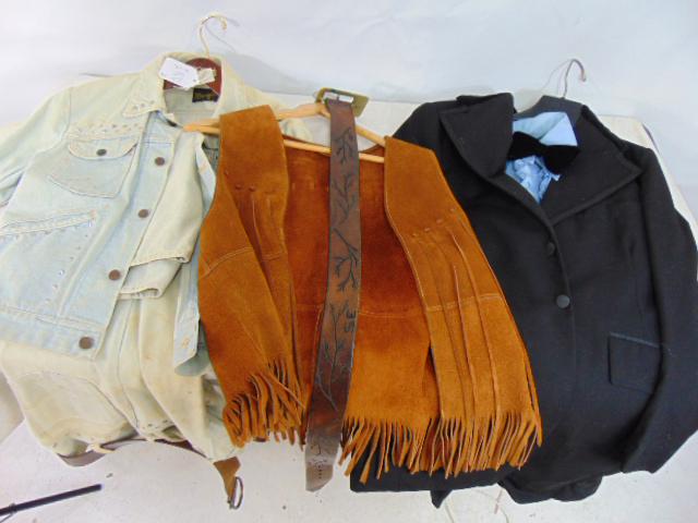 Lot vintage 1970's clothes, denim jacket & pants, leather vest & leather belt & black suit with blue (1 of 7)
