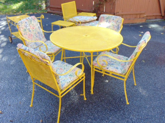Iron patio set, table & chairs, tea cart, lounge chair & two side tables, also includes umbrella, in (1 of 10)