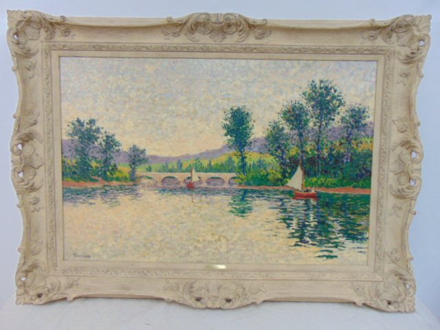 Painting, impressionist river scene, Maurice Monnard, oil on canvas, river landscape (1 of 7)