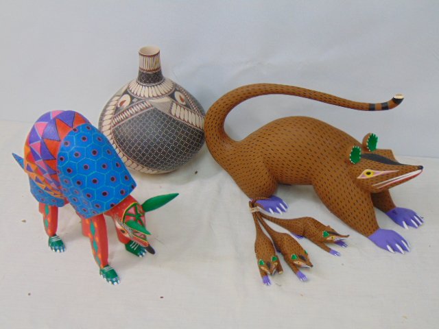 Lot Mexican folk art, carved & paint decorated animals & pottery paint decorated by Miriam Gallegos, (1 of 8)