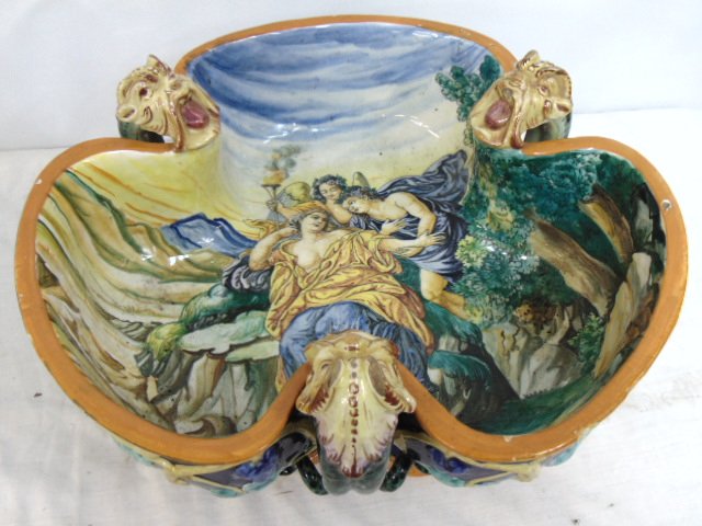 Ornate Italian Majolica style planter with demon heads & decorative interior (1 of 7)