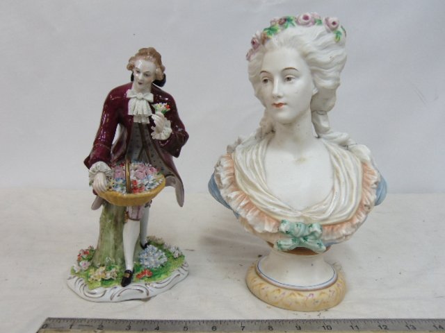 Porcelain figurine & bisque bust, porcelain figure of a man in red robe with basket of flowers, has (1 of 9)