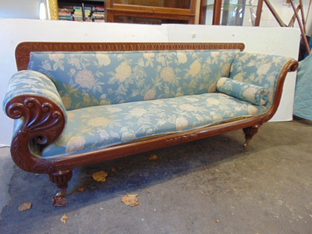 Empire sofa, scrolled arms with carved detail. blue floral upholstery, sofa is 7 feet longfabric is (1 of 7)